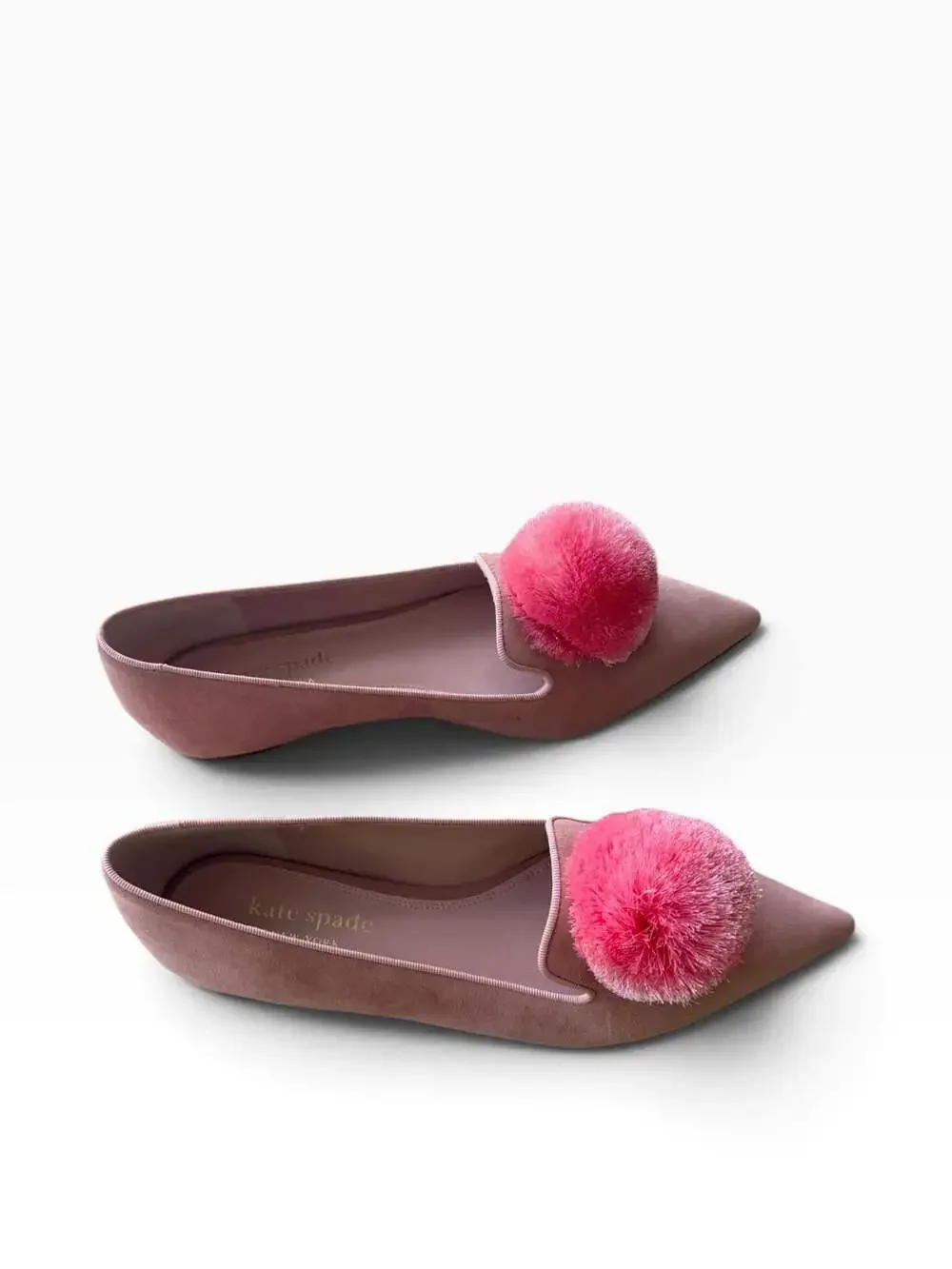 Kate Spade New York Amour Pom Flat Size 8.5B Pink Suede Pointed-Toe Slip-On
